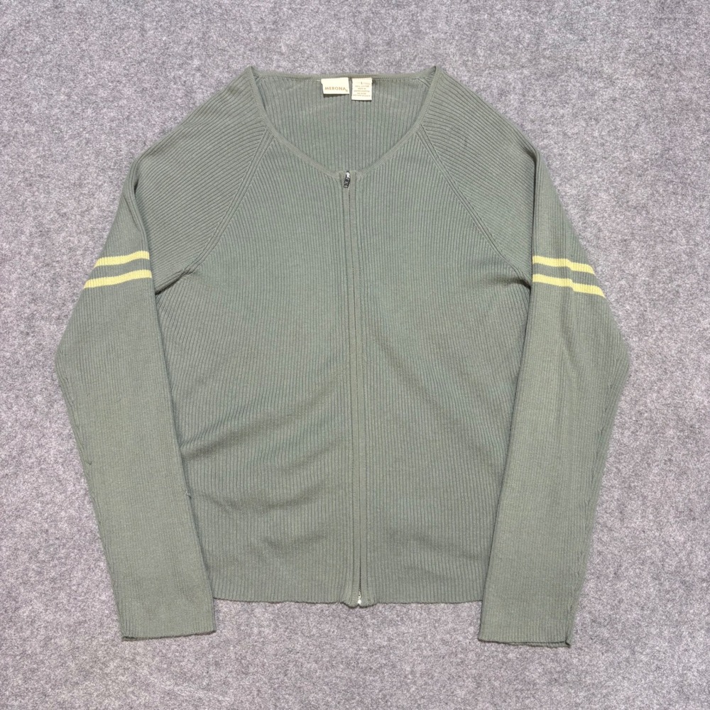 Merona Womens Sage Green Ribbed Zip Up Cardigan Sweater Yellow Stripes Large